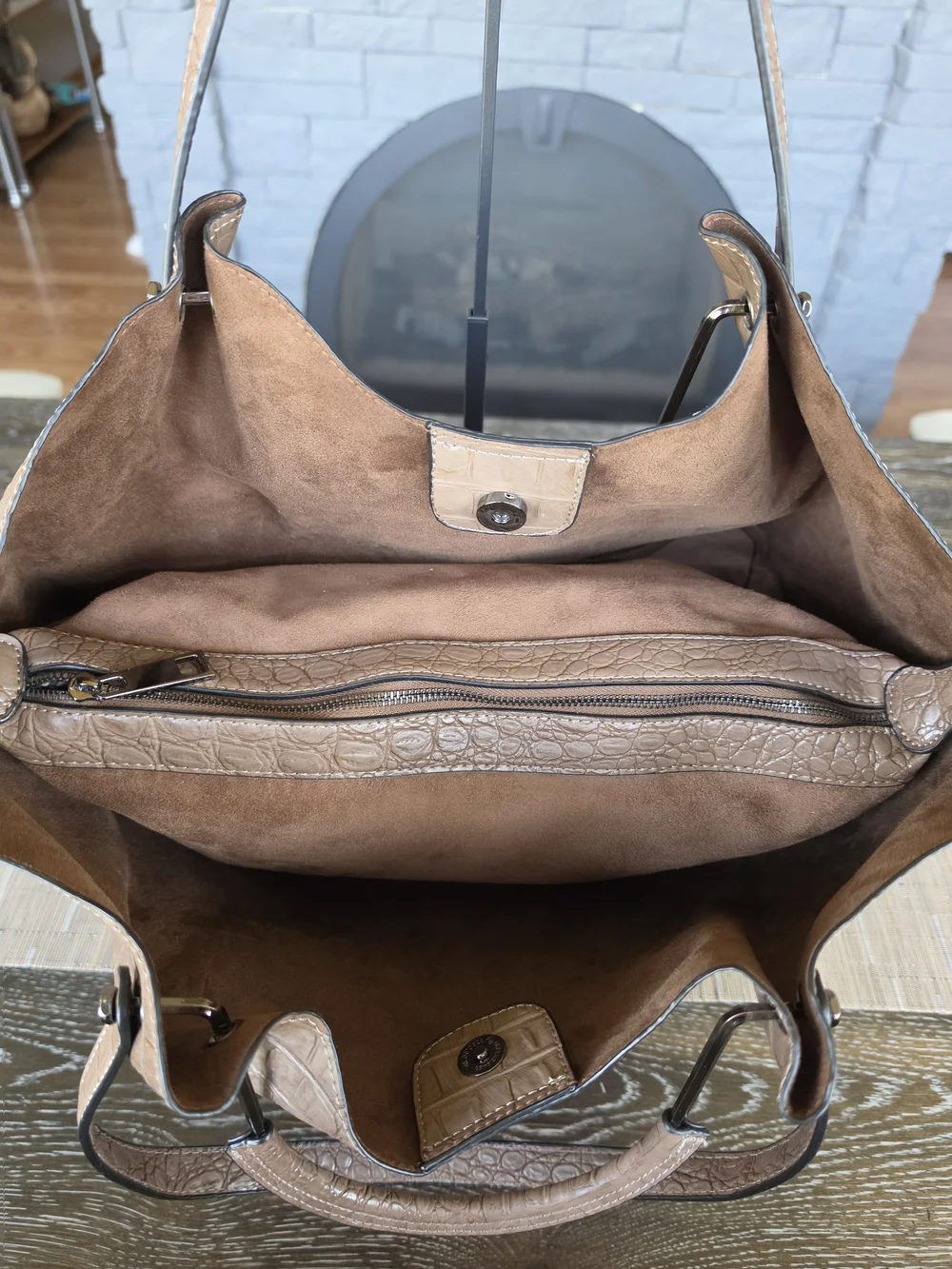 Sondra Roberts Squared Light Mocha Croc-Embossed Leather Tote Bag